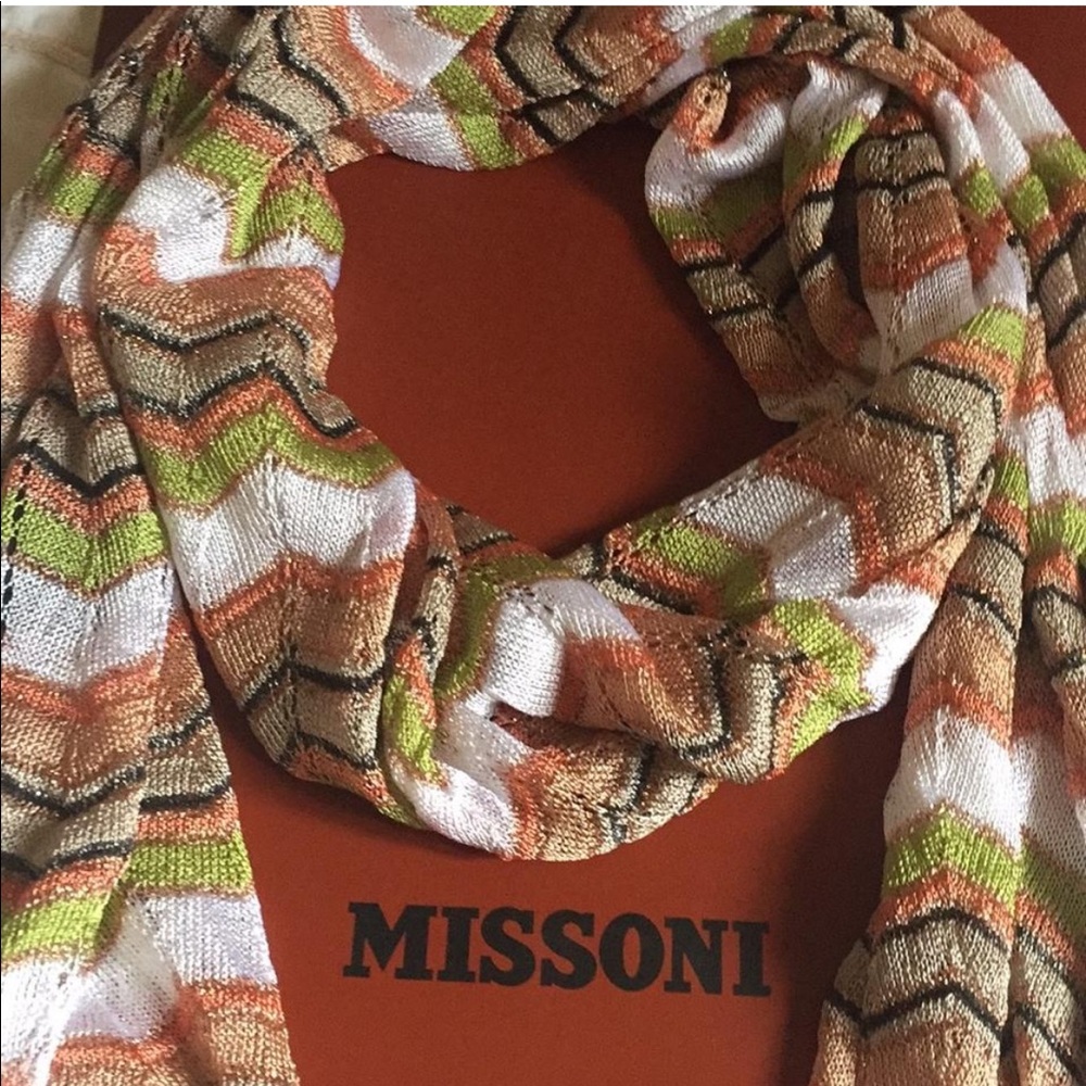 Missoni Multicolor Zigzag Knit Scarf in Orange, Green, White, Black
